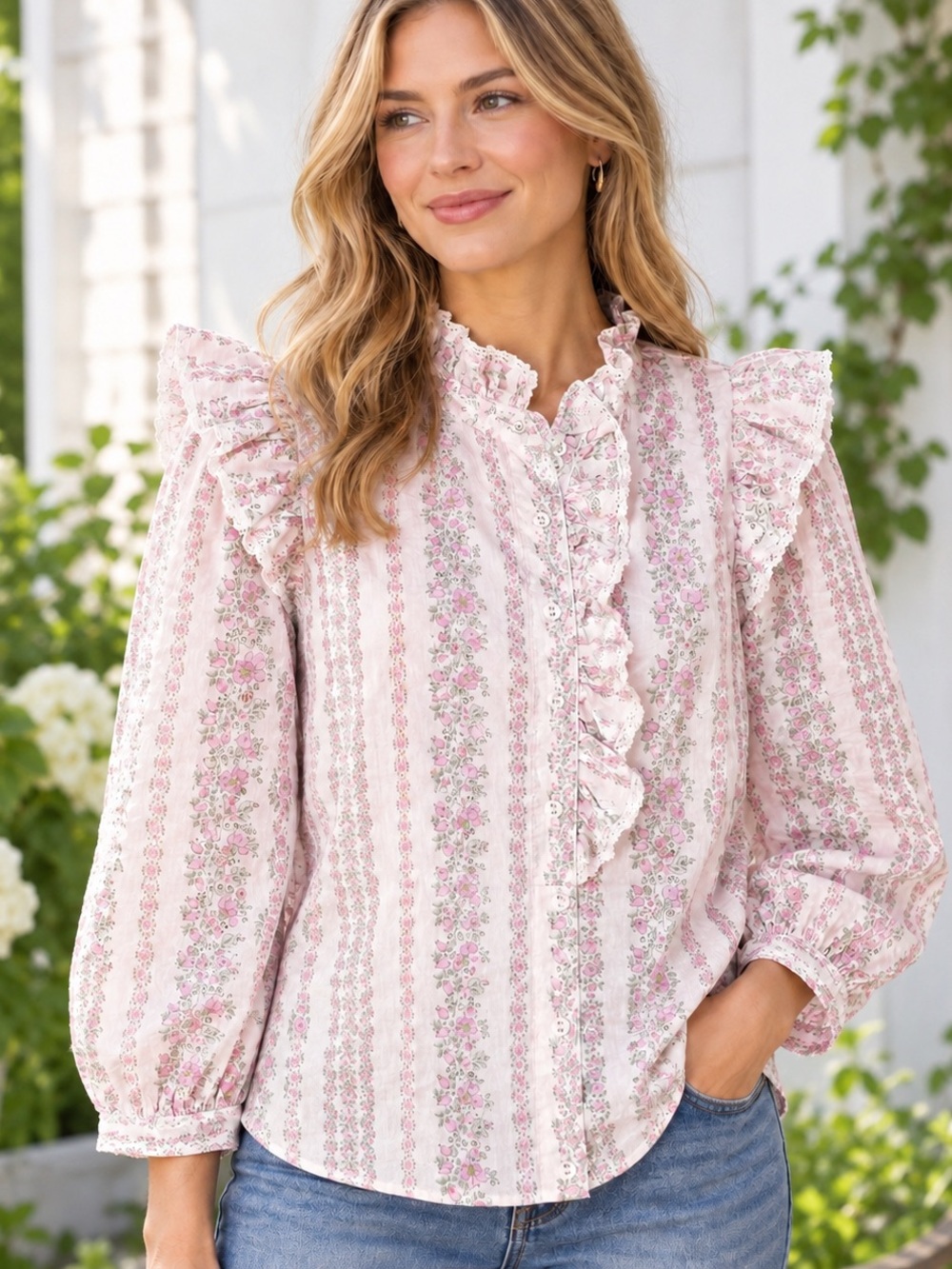 Entro Pink Vertical Floral Stripe Ruffle Button-Front Blouse Top Large Romantic
